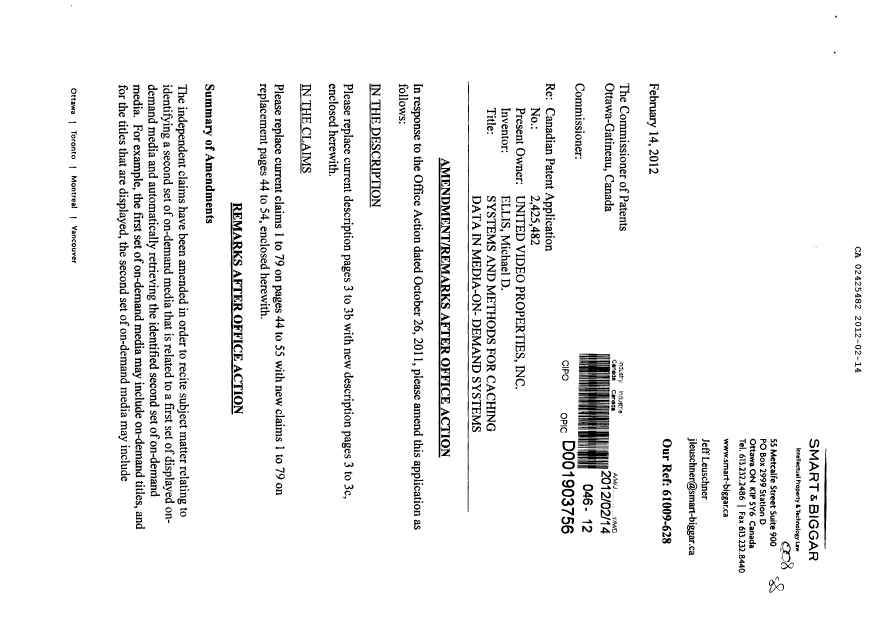 Document de brevet canadien 2425482. Poursuite-Amendment 20120214. Image 1 de 19