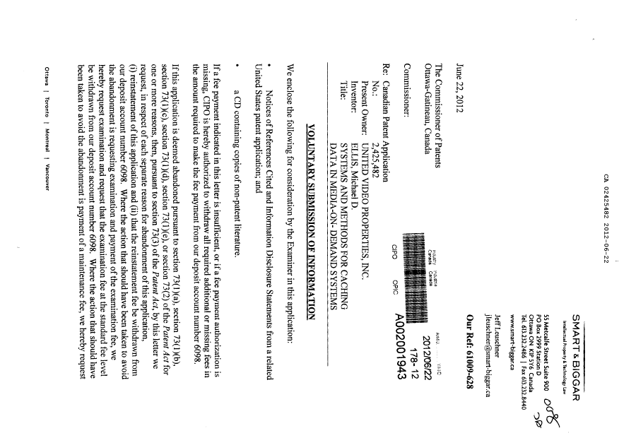 Document de brevet canadien 2425482. Poursuite-Amendment 20120622. Image 1 de 2