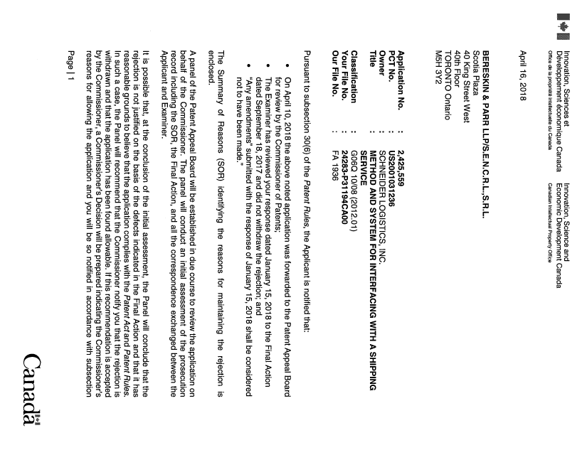Document de brevet canadien 2425559. Lettre de la CAB 20180416. Image 1 de 5
