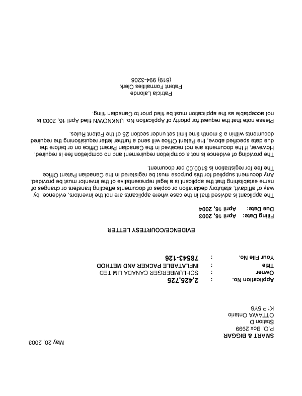 Canadian Patent Document 2425725. Correspondence 20030515. Image 1 of 1