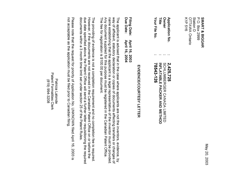 Document de brevet canadien 2425725. Correspondance 20030515. Image 1 de 1
