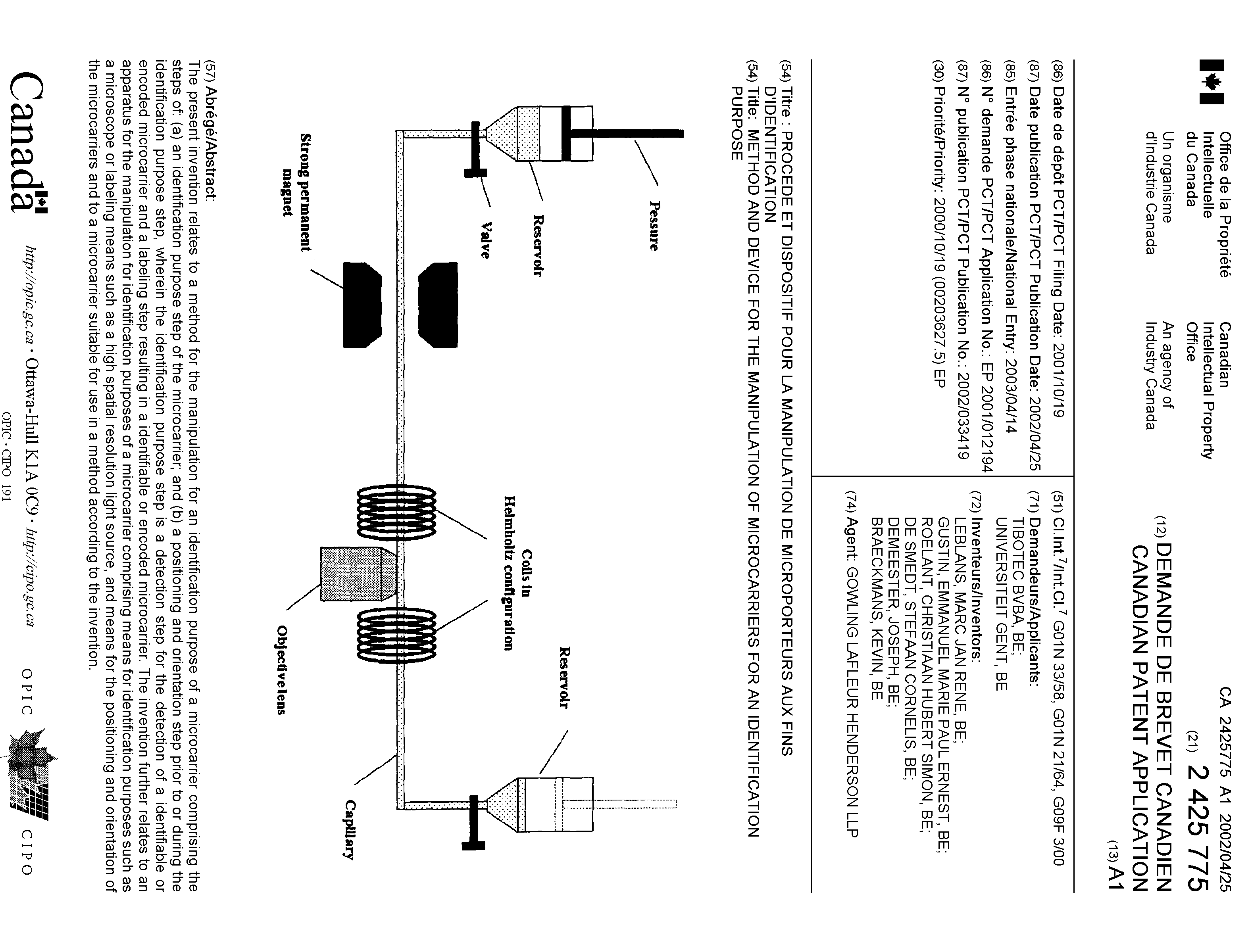 Canadian Patent Document 2425775. Cover Page 20030617. Image 1 of 1