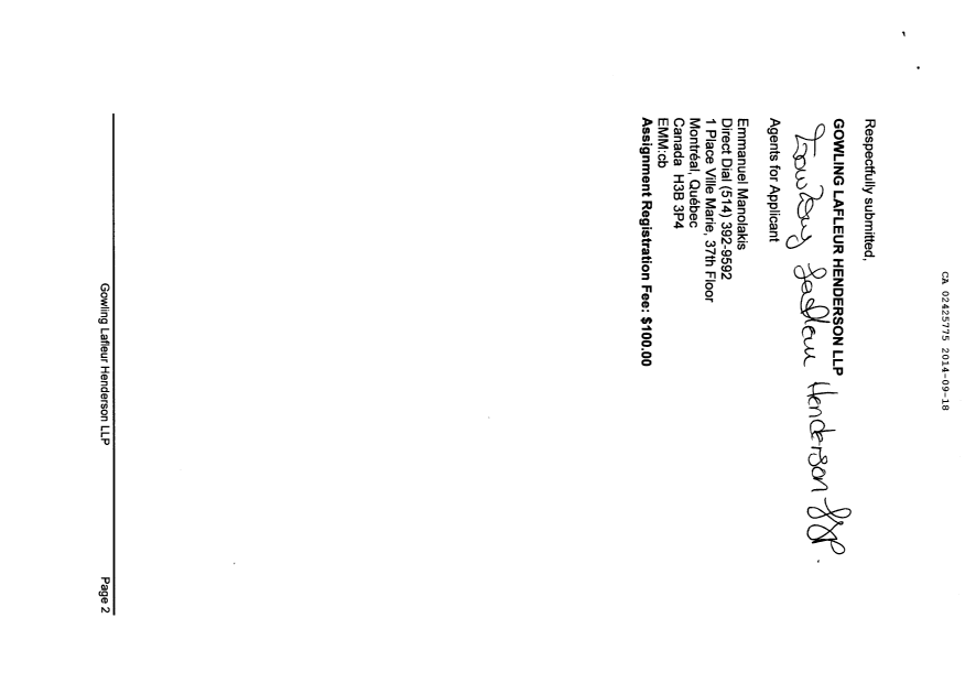 Document de brevet canadien 2425775. Cession 20140918. Image 2 de 4