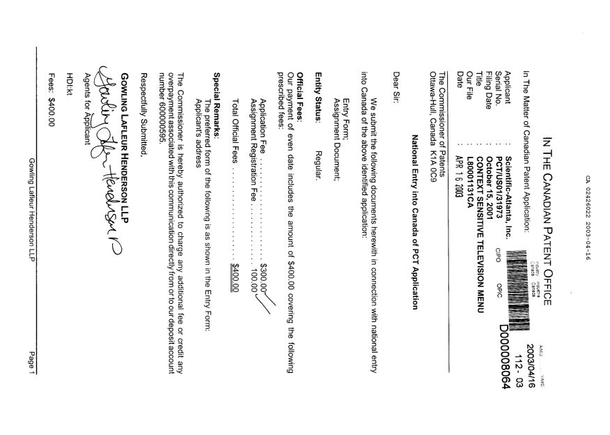 Document de brevet canadien 2426022. Cession 20030416. Image 1 de 9