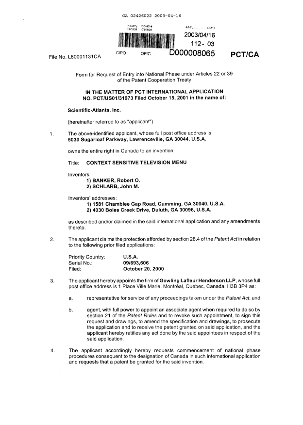 Document de brevet canadien 2426022. Cession 20030416. Image 2 de 9