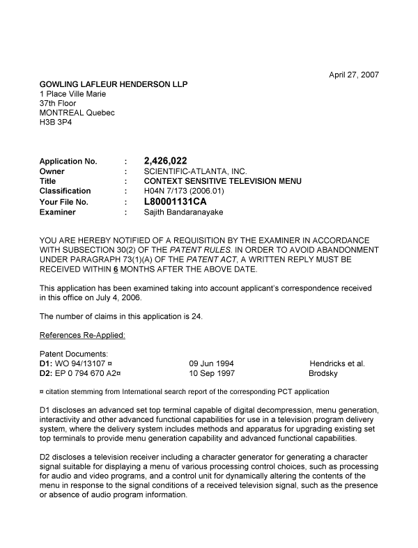 Canadian Patent Document 2426022. Prosecution-Amendment 20070427. Image 1 of 3
