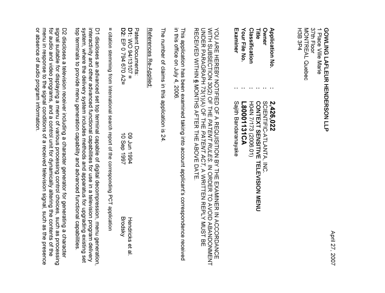 Document de brevet canadien 2426022. Poursuite-Amendment 20070427. Image 1 de 3