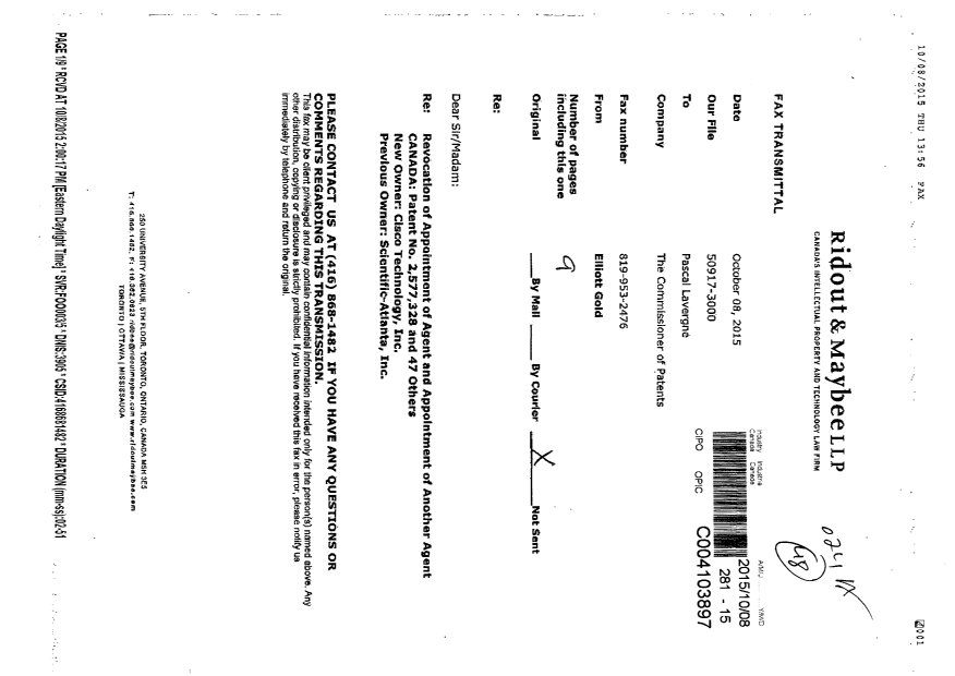 Document de brevet canadien 2426022. Correspondance 20151008. Image 1 de 9