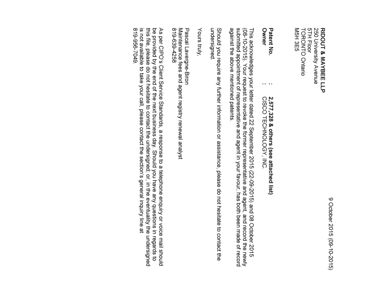 Document de brevet canadien 2426022. Lettre du bureau 20151009. Image 1 de 6