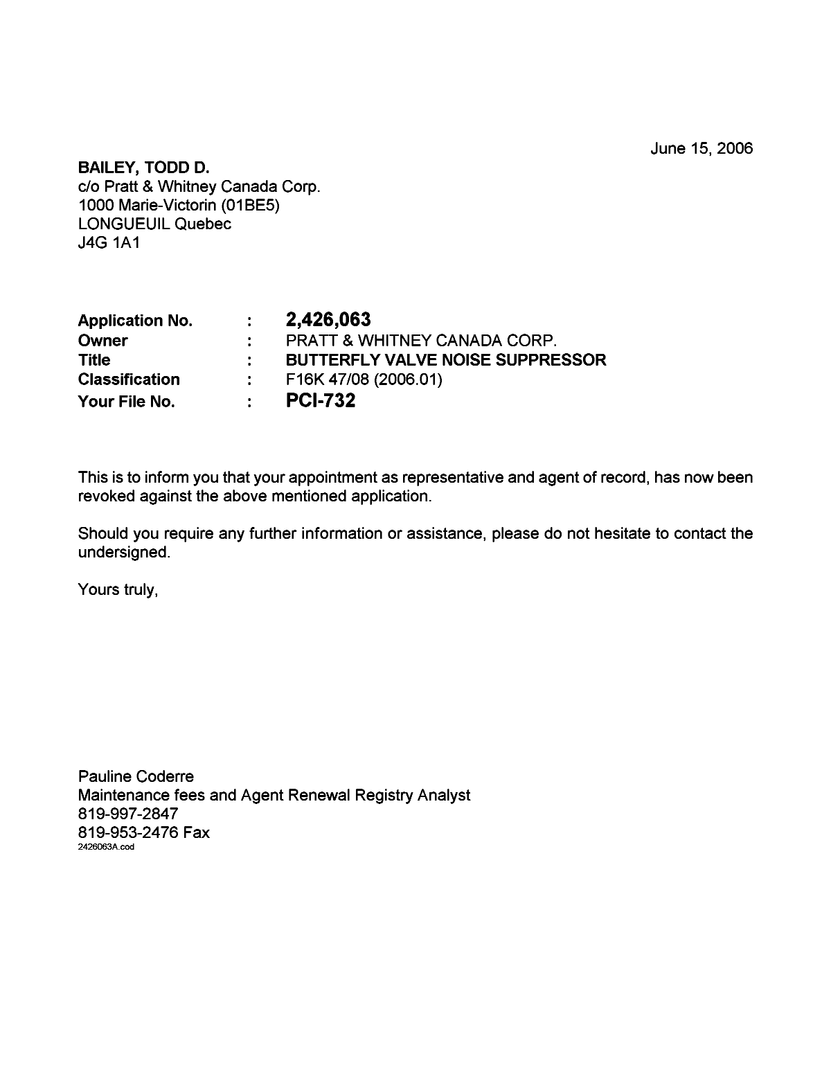 Document de brevet canadien 2426063. Correspondance 20060615. Image 1 de 1
