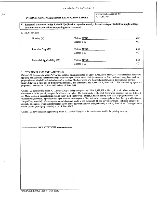Document de brevet canadien 2426133. PCT 20021216. Image 3 de 3