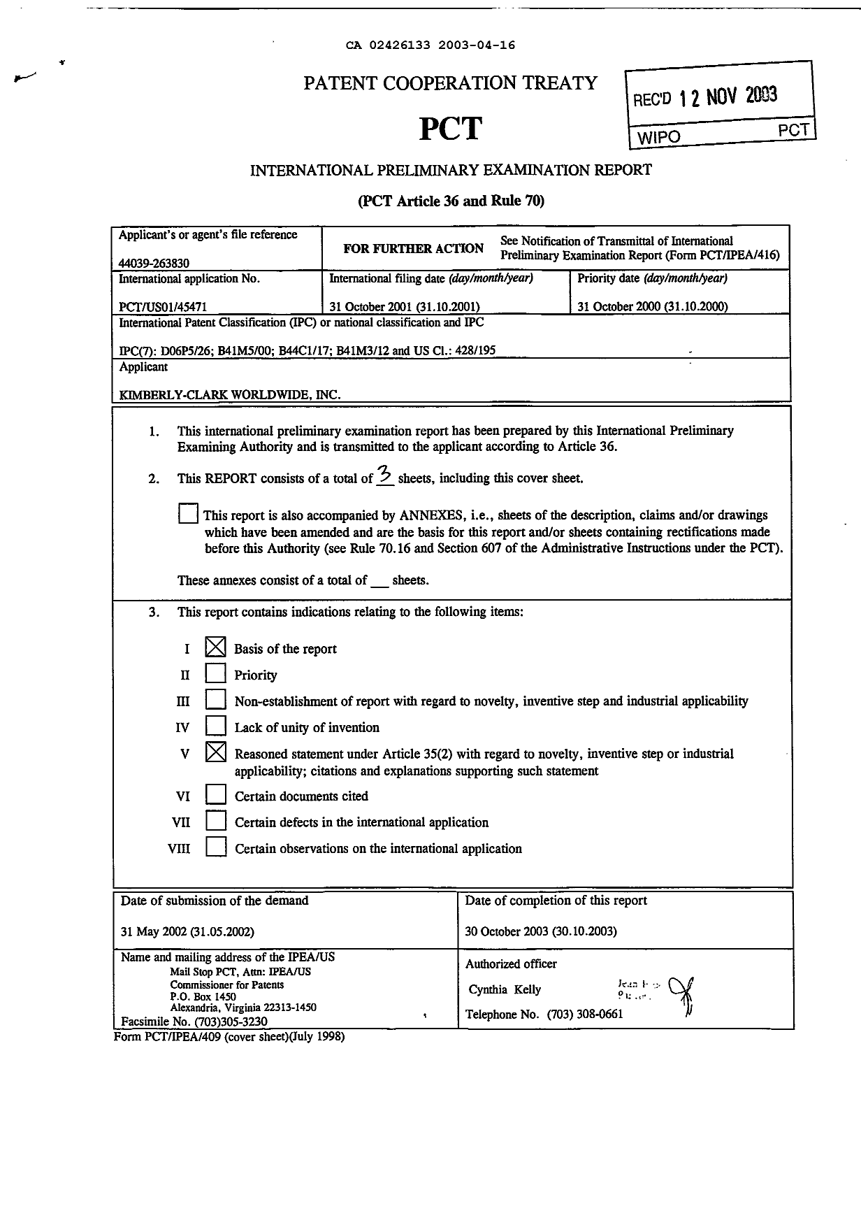 Document de brevet canadien 2426133. PCT 20030416. Image 1 de 3