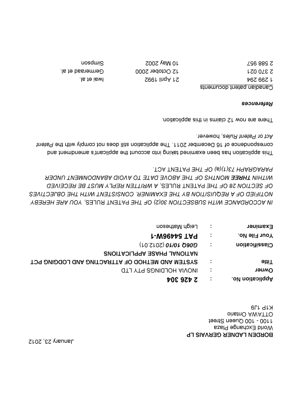 Document de brevet canadien 2426304. Poursuite-Amendment 20111223. Image 1 de 7