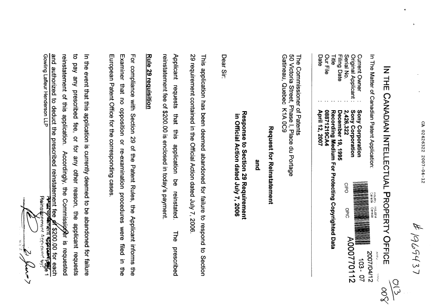 Document de brevet canadien 2426322. Poursuite-Amendment 20070412. Image 1 de 2