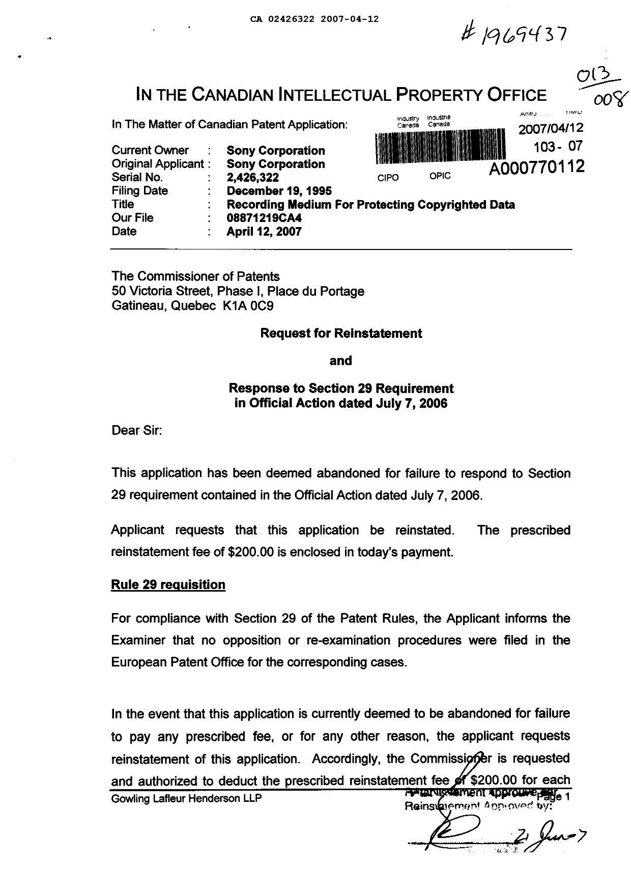 Document de brevet canadien 2426322. Poursuite-Amendment 20070412. Image 1 de 2