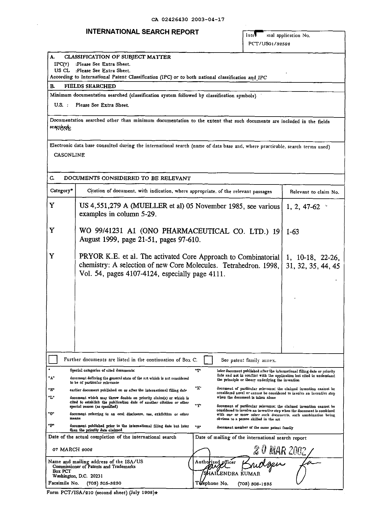 Document de brevet canadien 2426430. PCT 20030417. Image 1 de 4