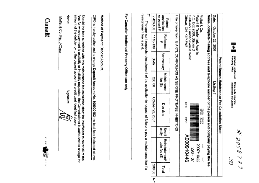 Document de brevet canadien 2426430. Taxes 20071022. Image 1 de 1