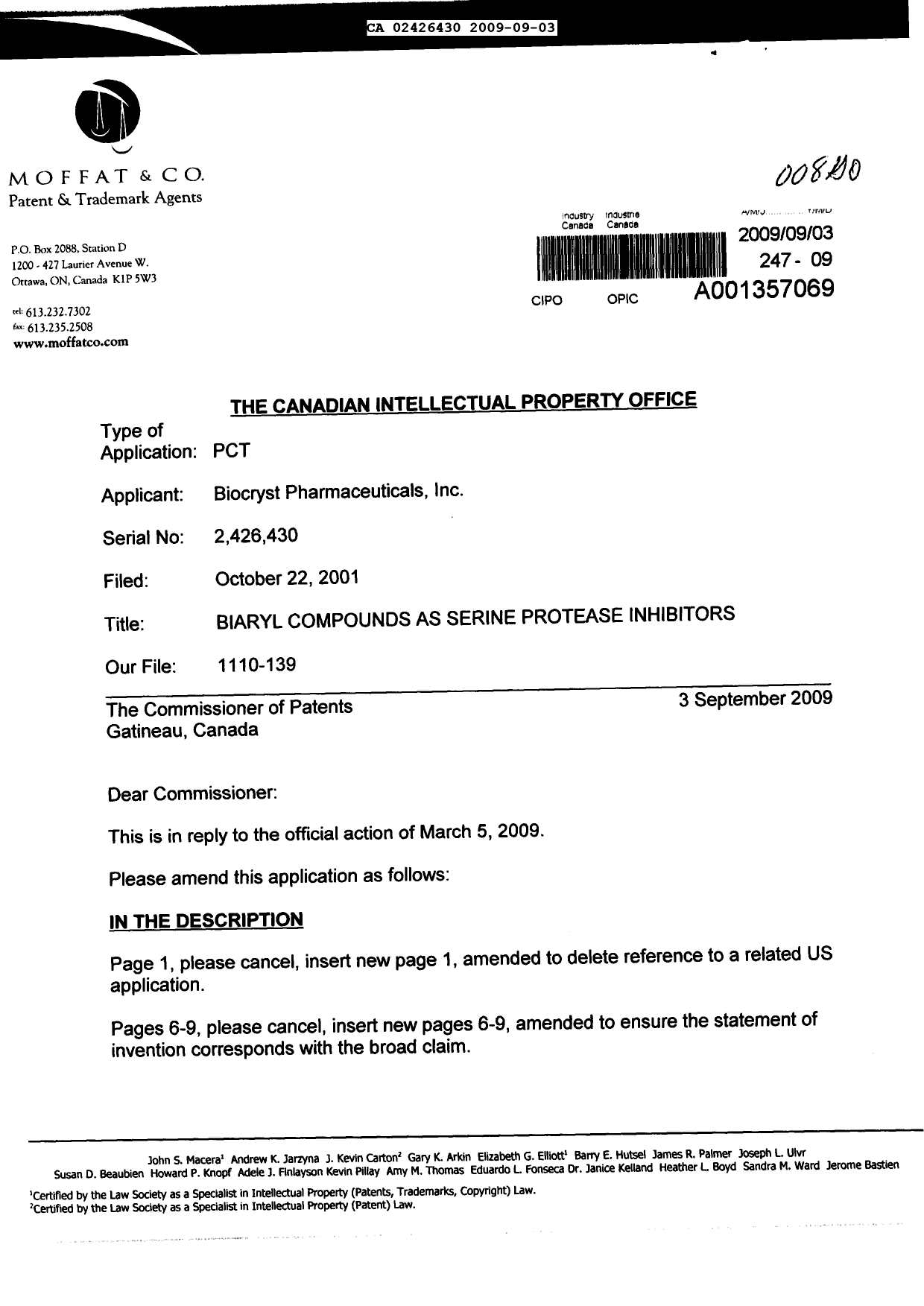 Document de brevet canadien 2426430. Poursuite-Amendment 20090903. Image 1 de 53