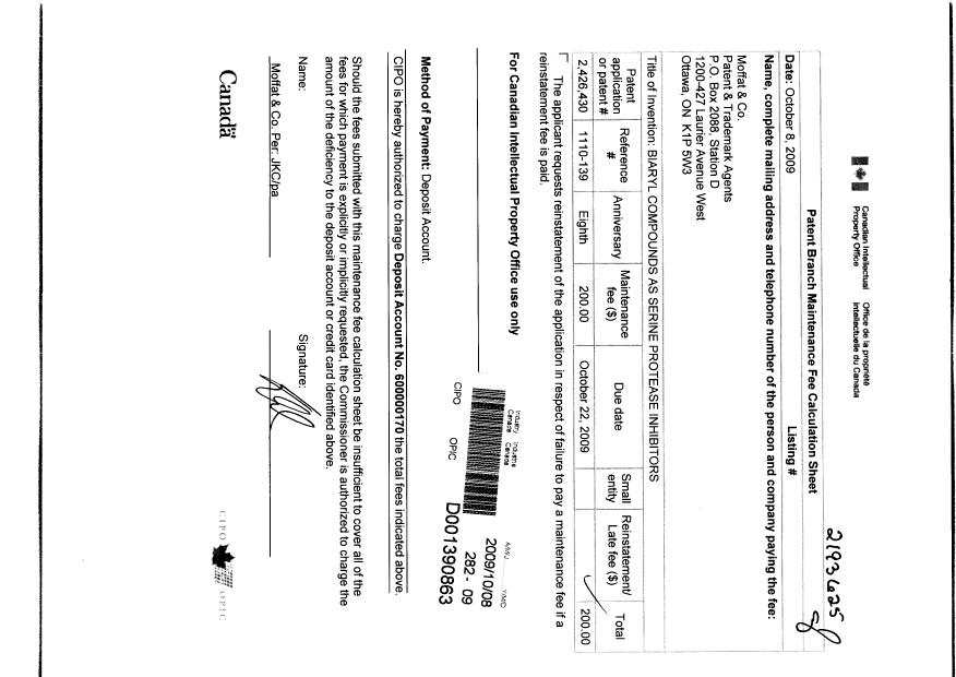 Document de brevet canadien 2426430. Taxes 20091008. Image 1 de 1