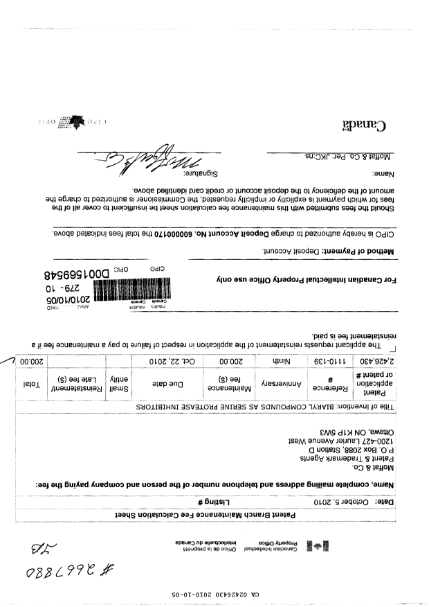 Document de brevet canadien 2426430. Taxes 20101005. Image 1 de 1