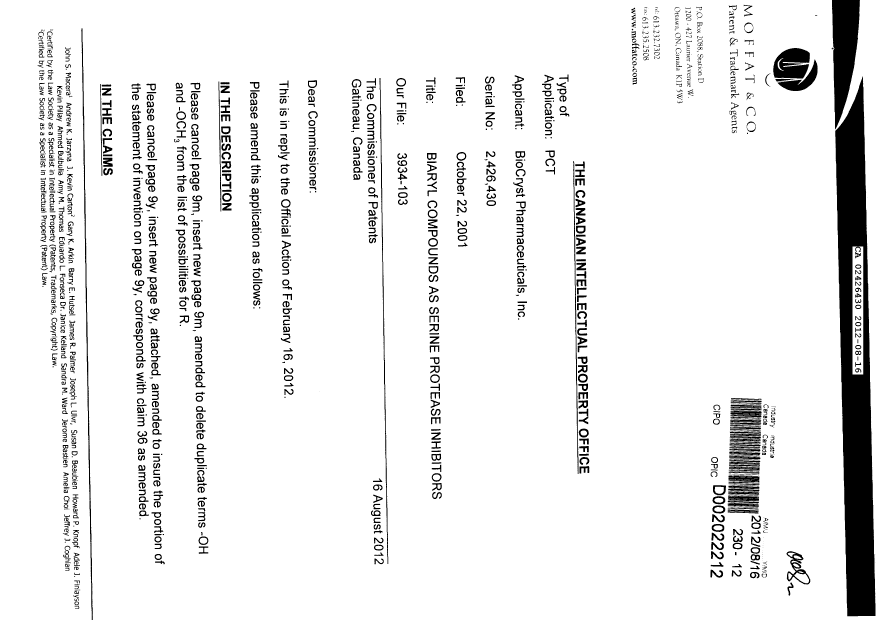 Document de brevet canadien 2426430. Poursuite-Amendment 20120816. Image 1 de 9