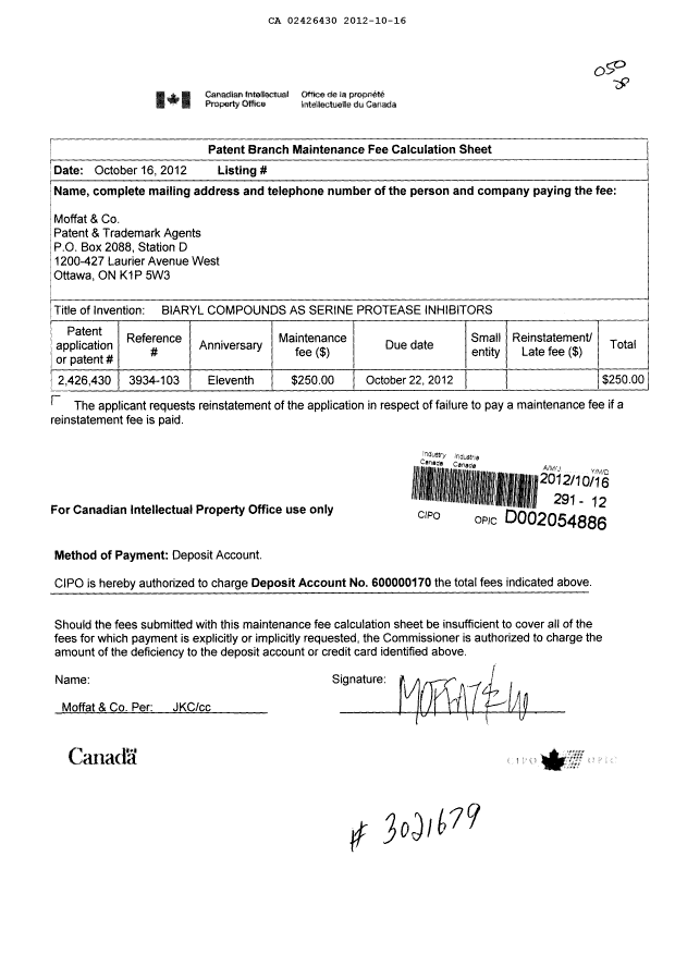 Canadian Patent Document 2426430. Fees 20121016. Image 1 of 1