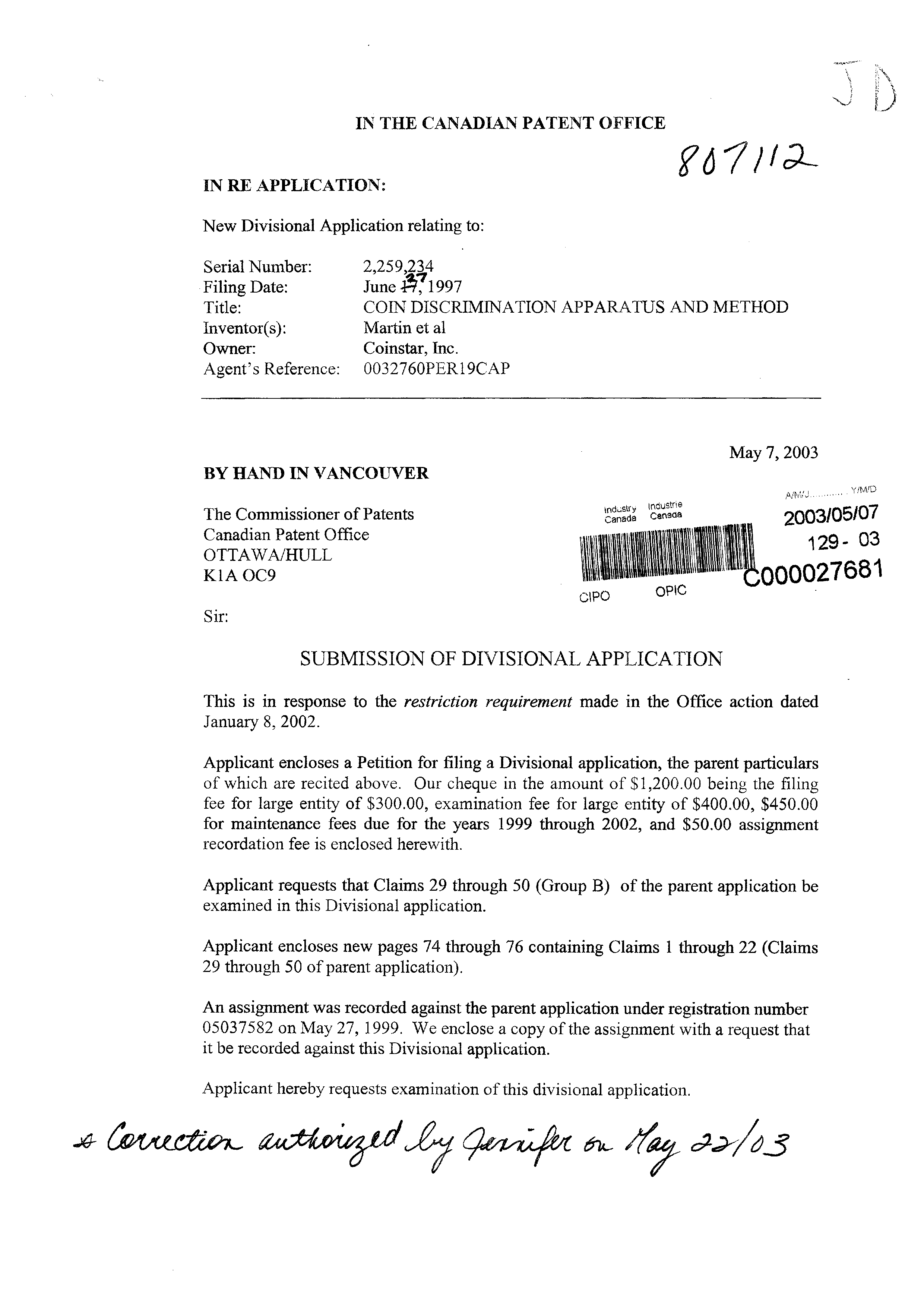 Canadian Patent Document 2426462. Assignment 20030507. Image 1 of 13