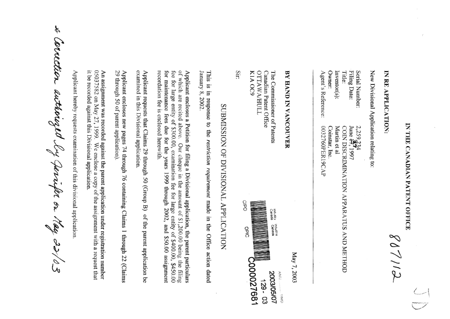 Document de brevet canadien 2426462. Cession 20030507. Image 1 de 13