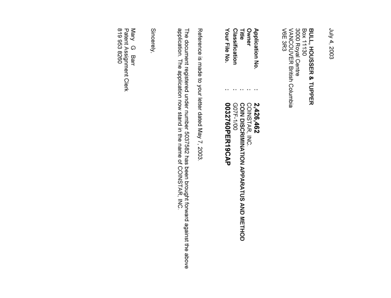 Document de brevet canadien 2426462. Correspondance 20030704. Image 1 de 1