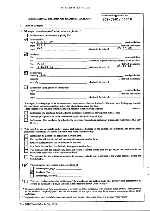Document de brevet canadien 2426504. PCT 20030422. Image 3 de 16