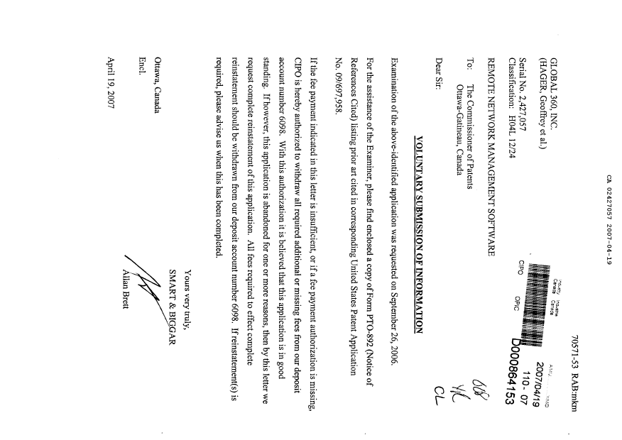 Document de brevet canadien 2427057. Poursuite-Amendment 20070419. Image 1 de 1