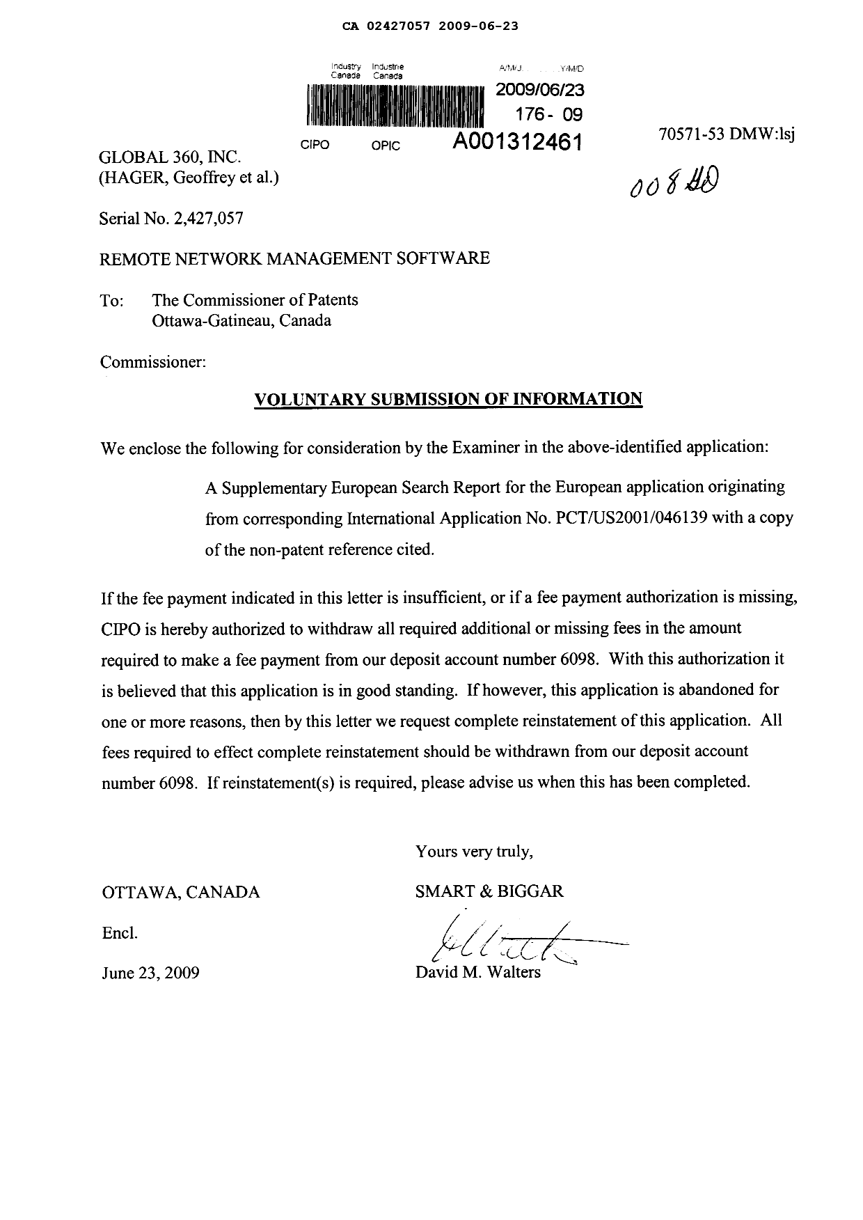 Document de brevet canadien 2427057. Poursuite-Amendment 20090623. Image 1 de 1