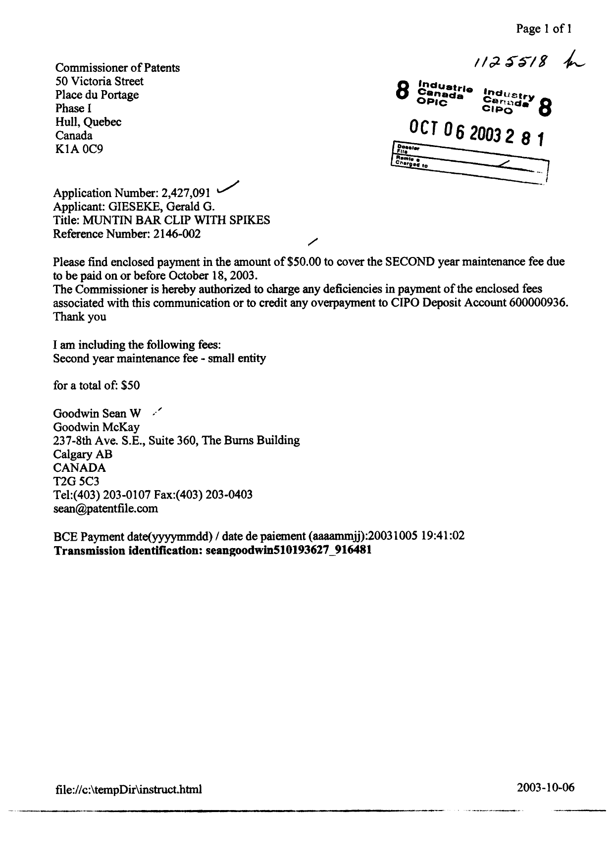 Document de brevet canadien 2427091. Taxes 20031006. Image 1 de 1
