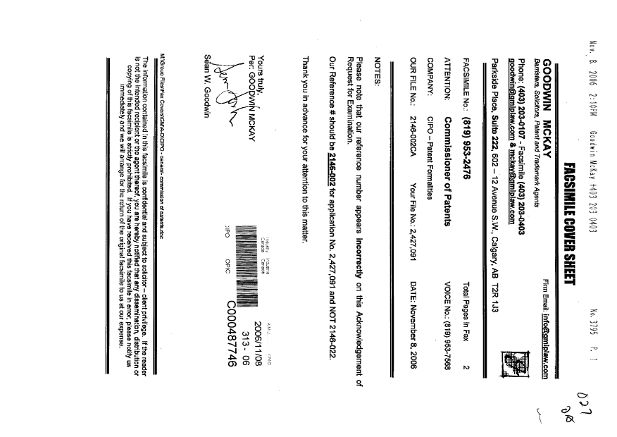 Canadian Patent Document 2427091. Prosecution-Amendment 20061108. Image 1 of 2