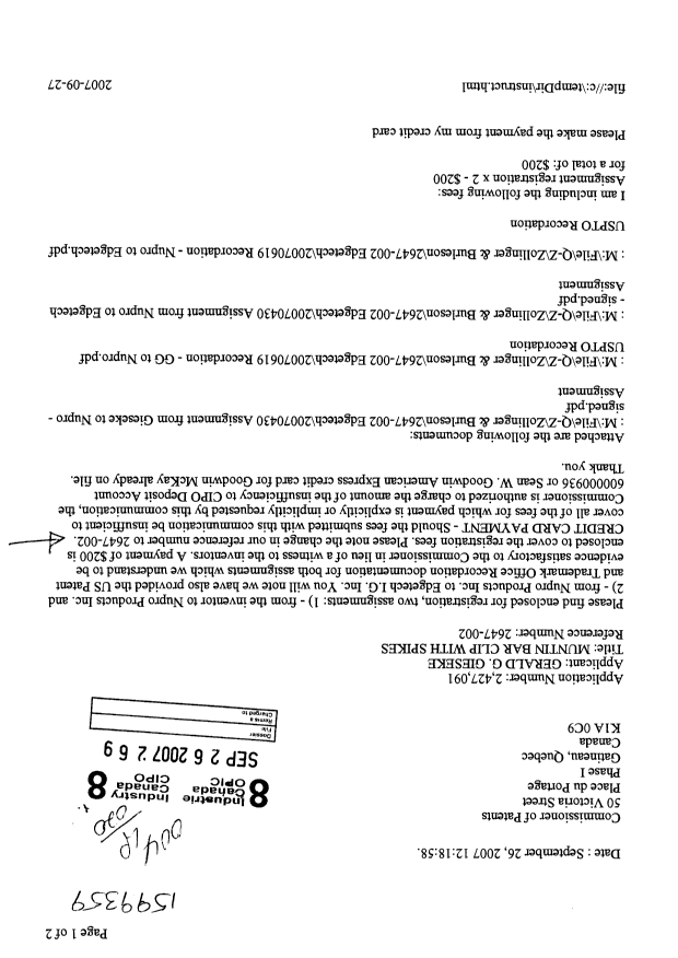 Canadian Patent Document 2427091. Correspondence 20070926. Image 1 of 2