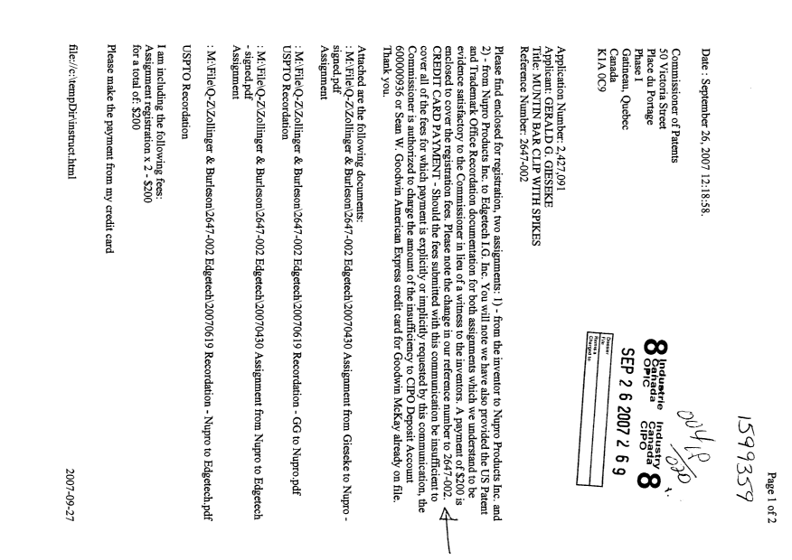 Document de brevet canadien 2427091. Correspondance 20070926. Image 1 de 2