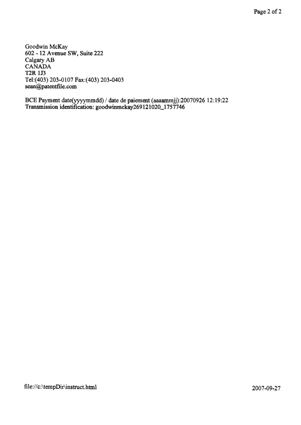 Document de brevet canadien 2427091. Correspondance 20070926. Image 2 de 2