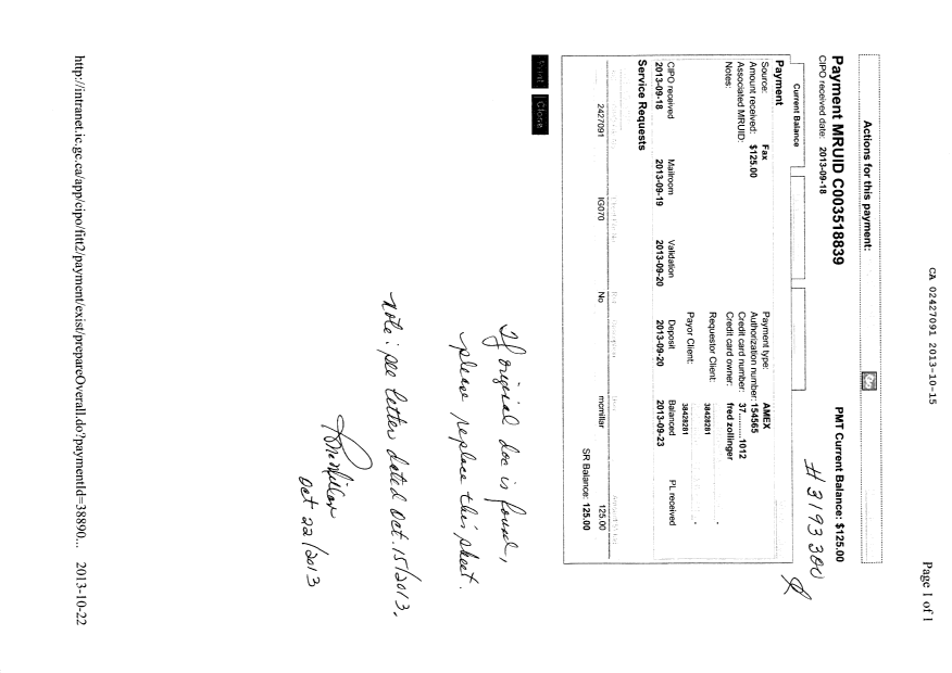 Document de brevet canadien 2427091. Taxes 20131015. Image 1 de 1