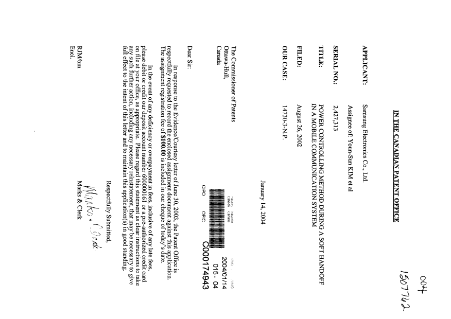 Document de brevet canadien 2427313. Cession 20040114. Image 1 de 3