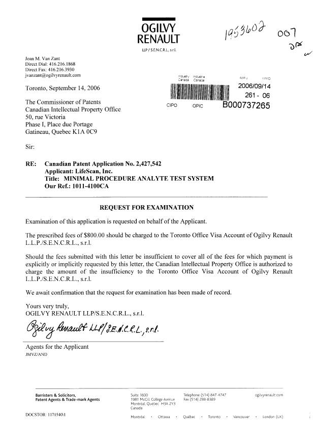 Document de brevet canadien 2427542. Poursuite-Amendment 20060914. Image 1 de 1