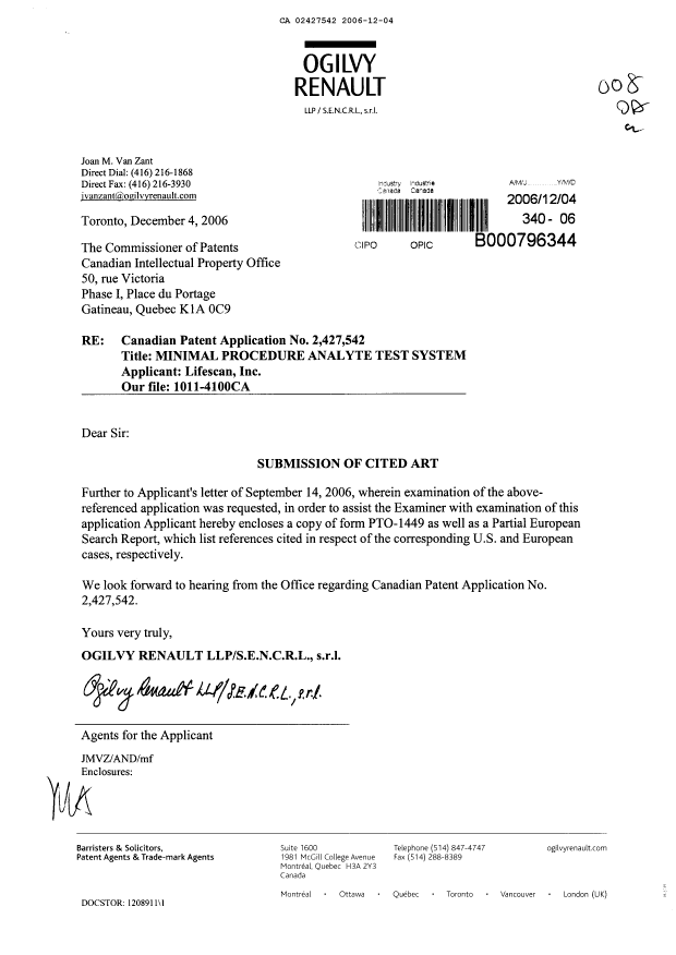 Document de brevet canadien 2427542. Poursuite-Amendment 20061204. Image 1 de 1