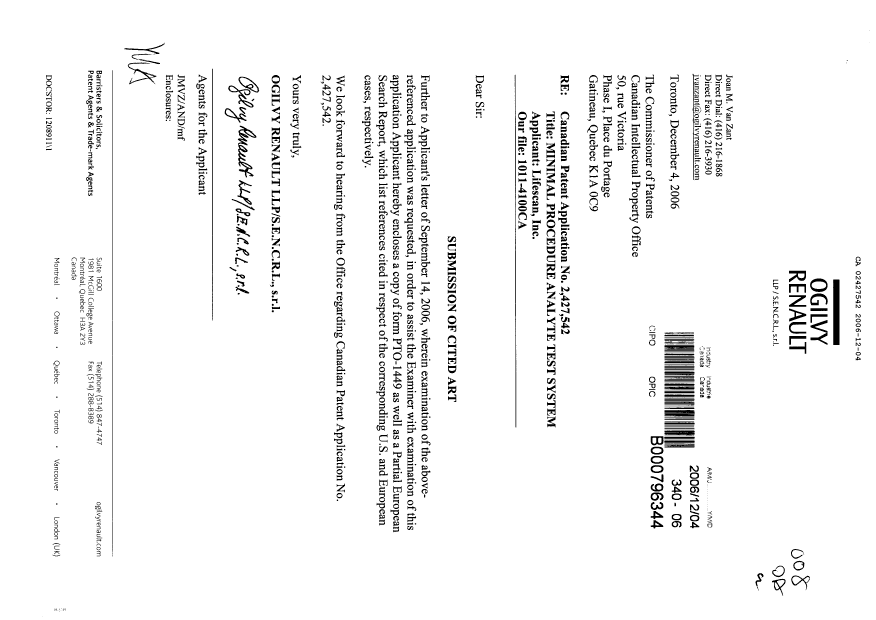 Canadian Patent Document 2427542. Prosecution-Amendment 20061204. Image 1 of 1