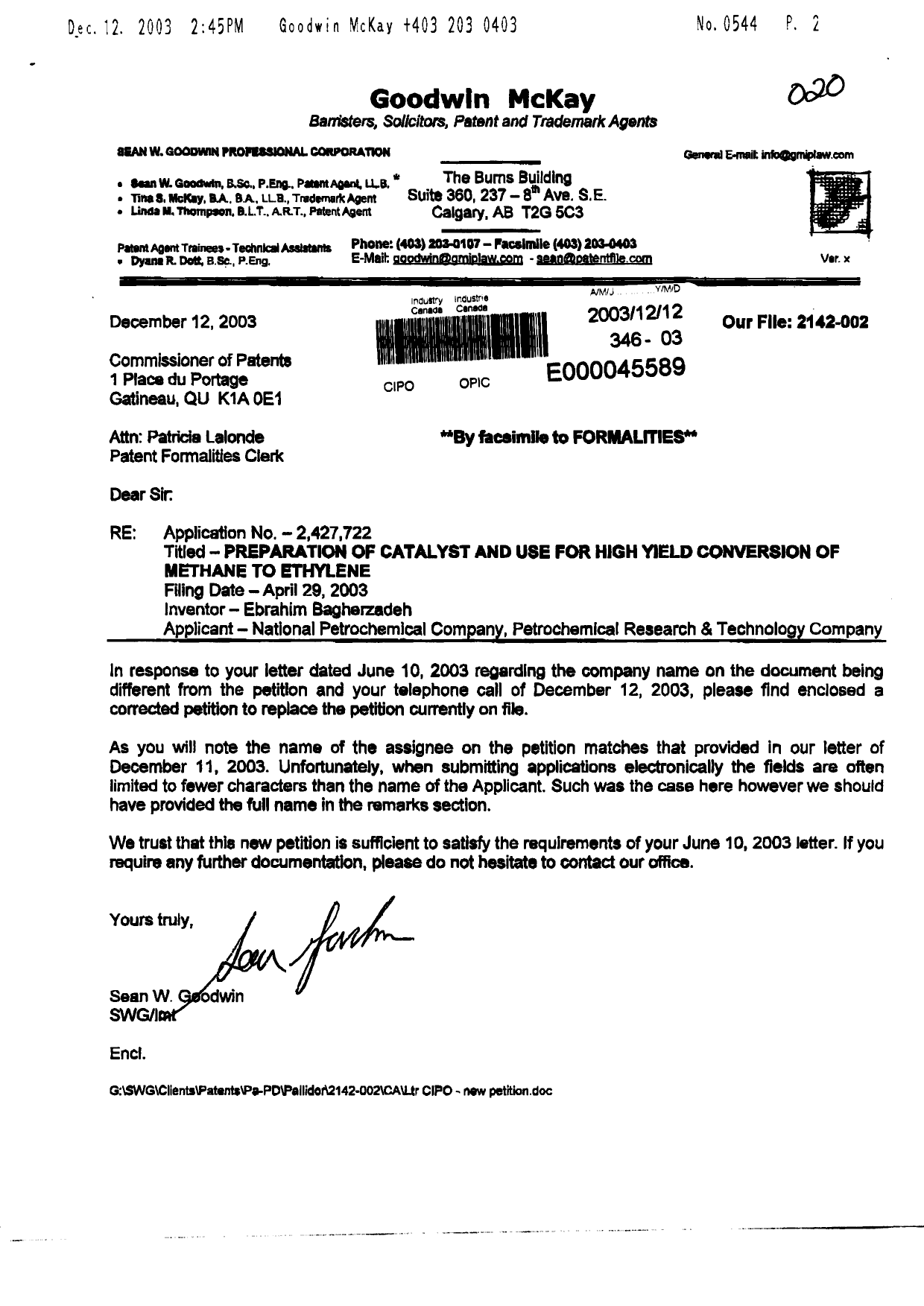 Document de brevet canadien 2427722. Correspondance 20031212. Image 1 de 4