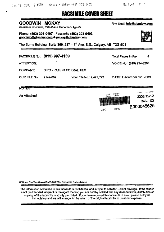 Document de brevet canadien 2427722. Correspondance 20031212. Image 4 de 4