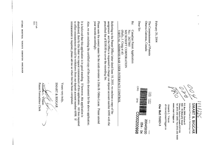 Document de brevet canadien 2427865. Correspondance 20031220. Image 1 de 1