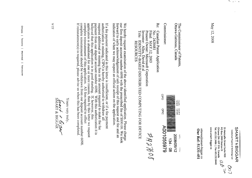 Canadian Patent Document 2428481. Prosecution-Amendment 20080512. Image 1 of 1