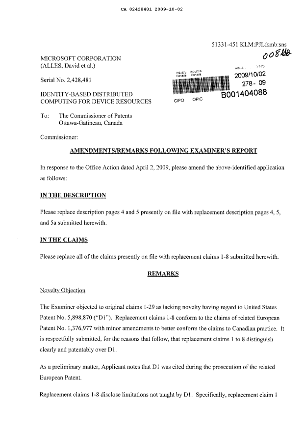 Canadian Patent Document 2428481. Prosecution-Amendment 20091002. Image 1 of 7