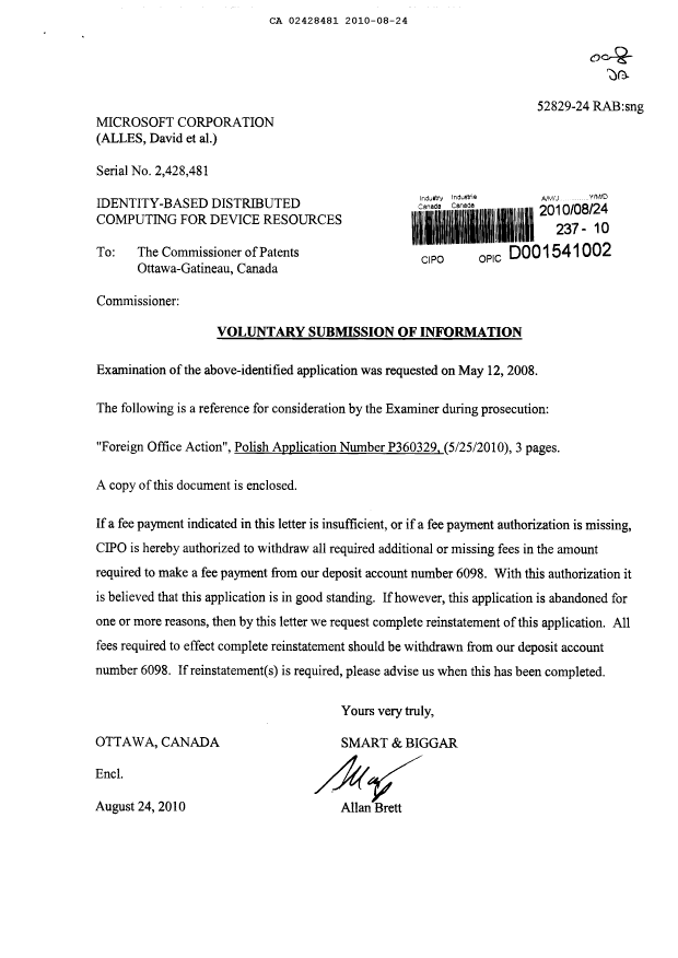 Document de brevet canadien 2428481. Poursuite-Amendment 20100824. Image 1 de 1