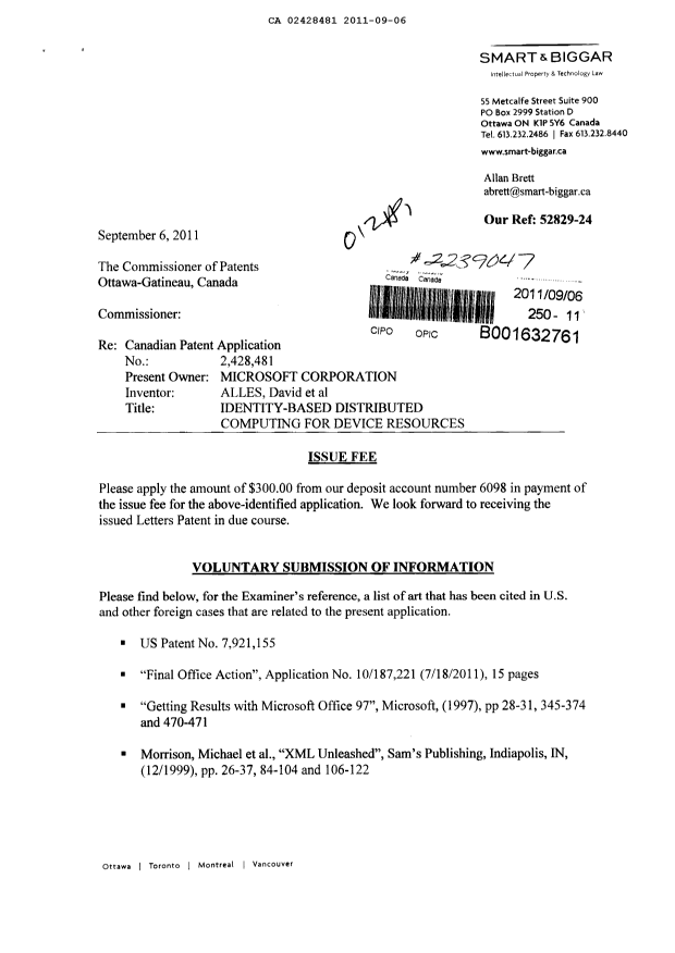 Canadian Patent Document 2428481. Correspondence 20110906. Image 1 of 2