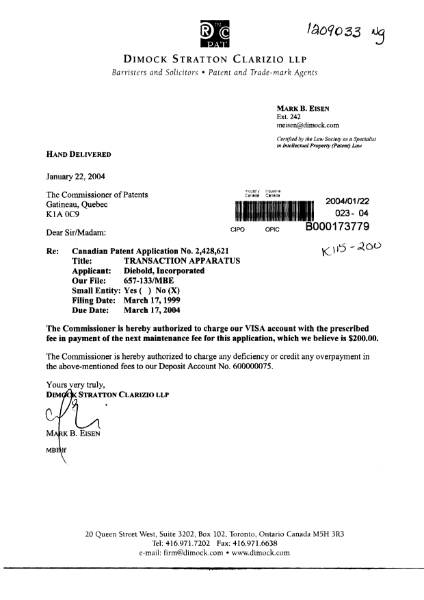 Document de brevet canadien 2428621. Taxes 20040122. Image 1 de 1